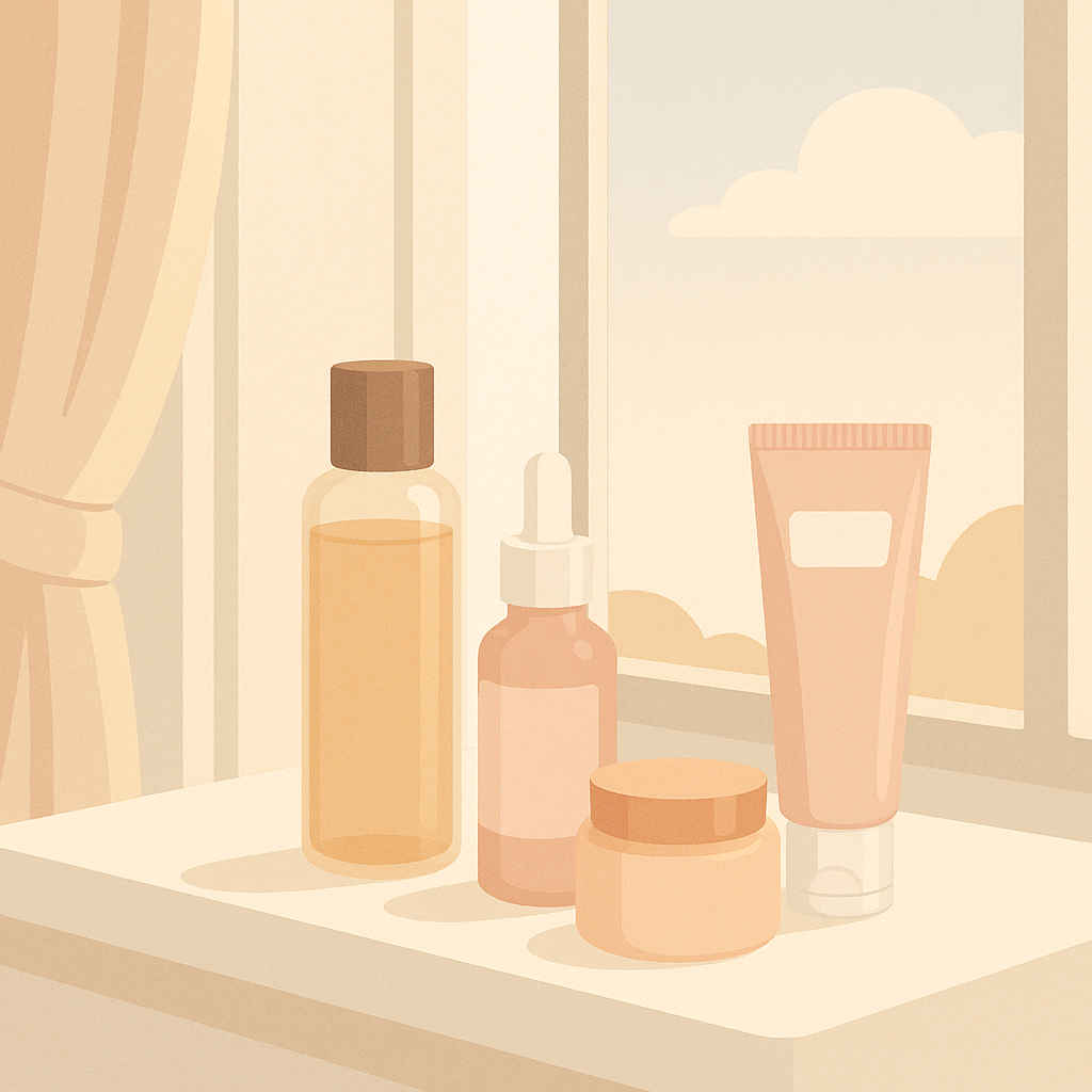 Illustration de produits de soin coréens — routine beauté K-beauty