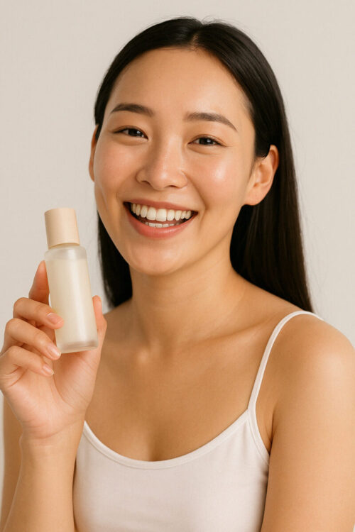 Femme souriante tenant un soin visage — routine beauté coréenne