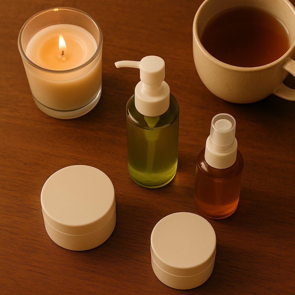 Produits de soin coréens sur une table en bois avec bougie.