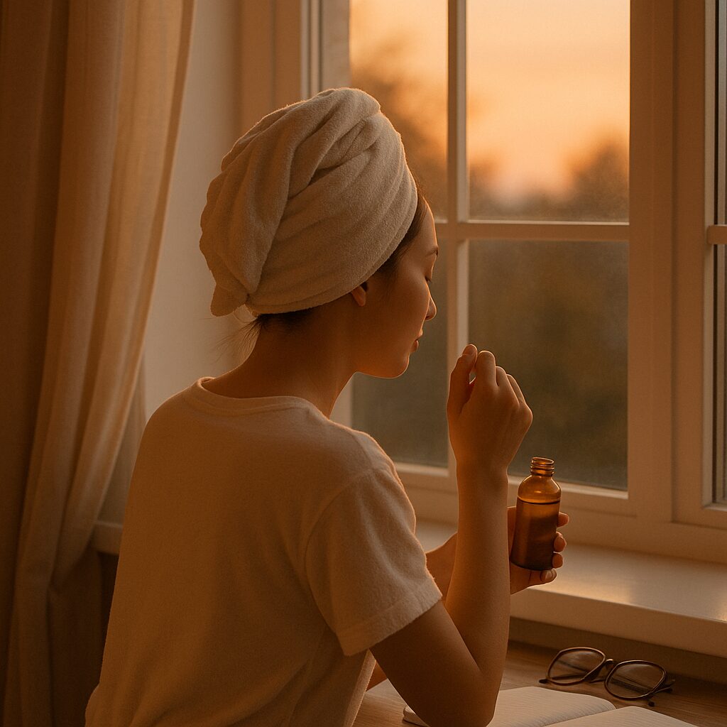 Routine beauté du soir : femme seule devant la fenêtre, moment de calme.