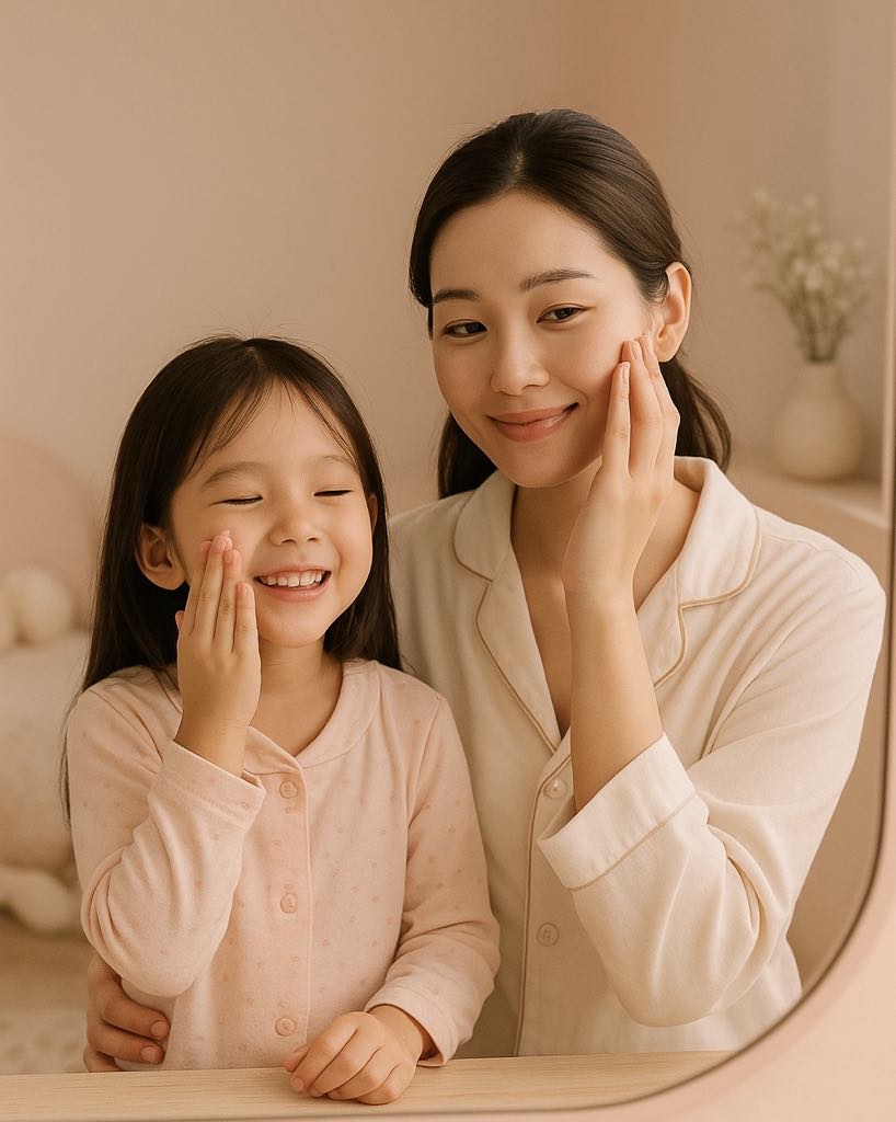 Maman et fille qui appliquent de la crème, moment de tendresse.