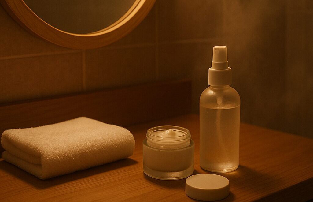 Produits de soin du visage sur un comptoir en bois, ambiance spa coréen