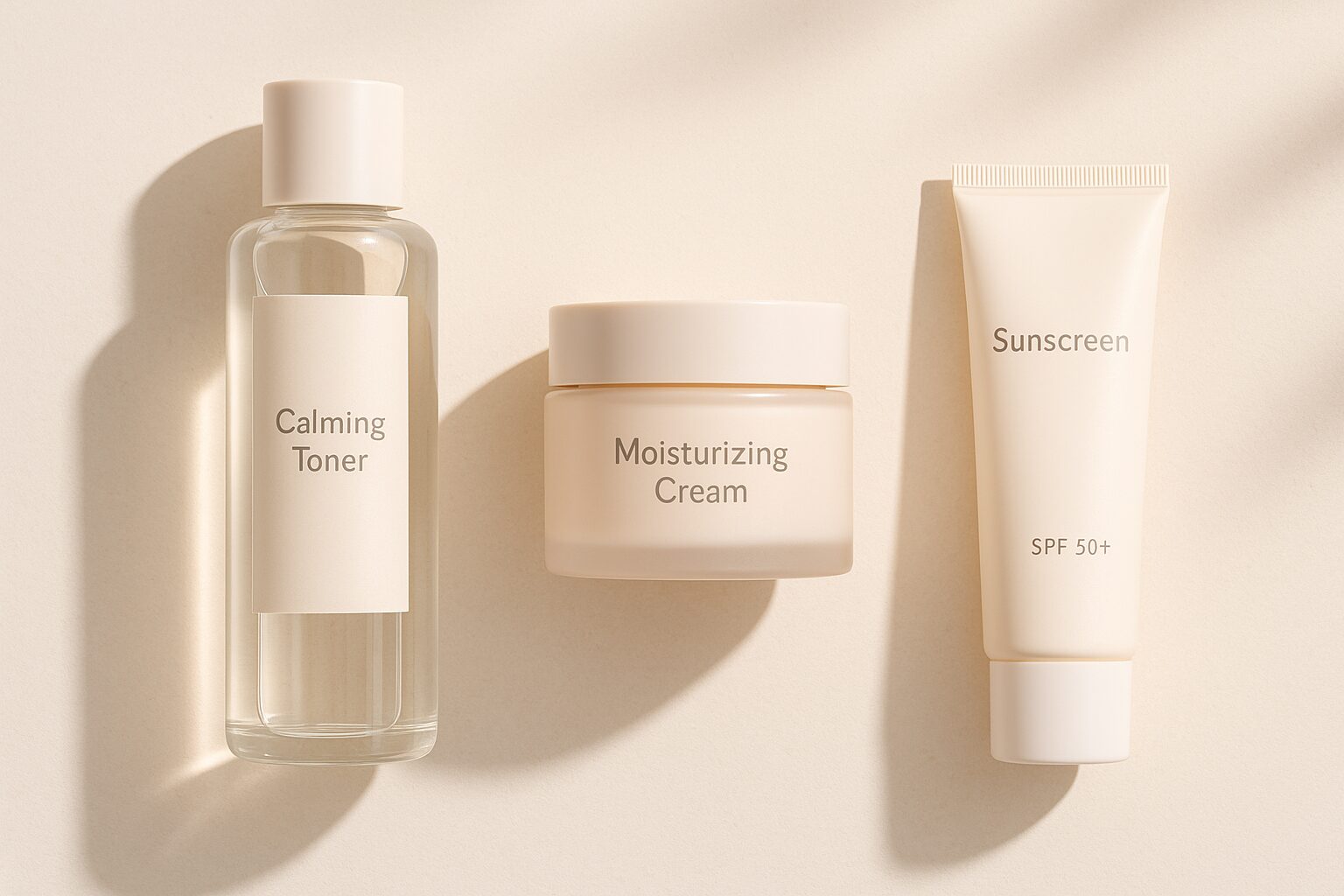 Produits de soin coréens : tonique apaisant, crème hydratante, et protection solaire SPF 50+.