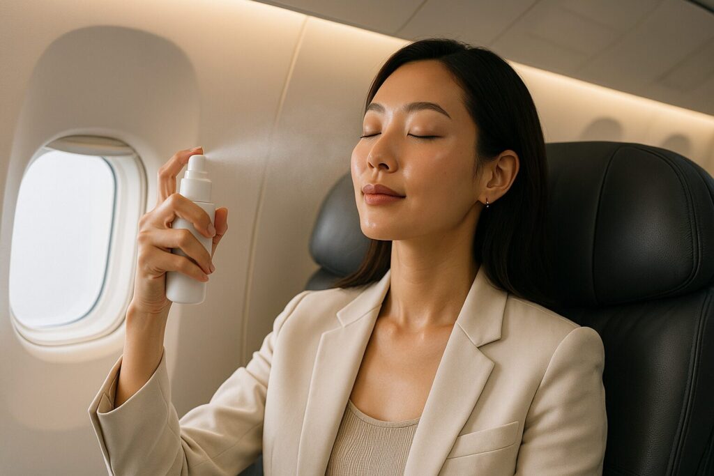 Femme utilisant une brume visage pendant un vol – routine K-beauty