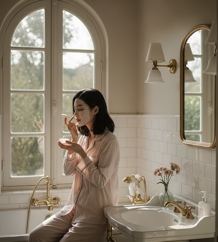 Femme coréenne appliquant sa routine skincare du matin près de la fenêtre, dans une salle de bain lumineuse et calme.