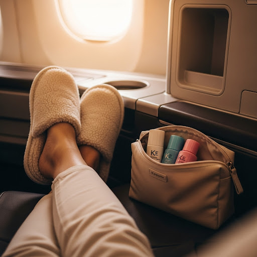 Femme en vol portant des chaussons confortables, avec sa trousse de soins coréens à portée de main