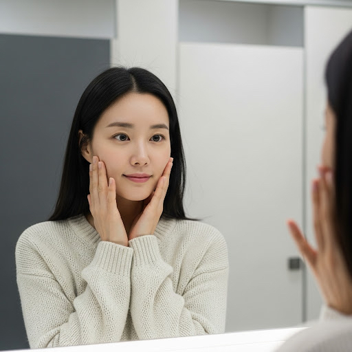 Routine beauté coréenne à l’aéroport : femme se regardant dans un miroir après un soin du visage.