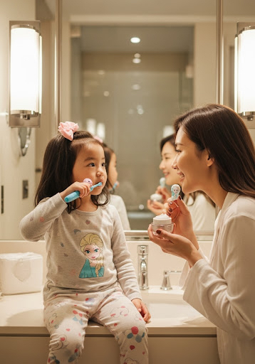 Une fillette se brosse les dents aux côtés de sa mère dans la salle de bain.
