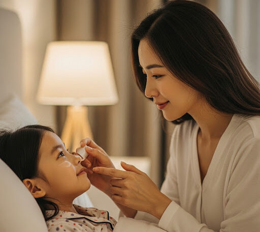 Une mère applique une crème sur la joue de sa fille, toutes deux souriantes dans une lumière douce du soir.
