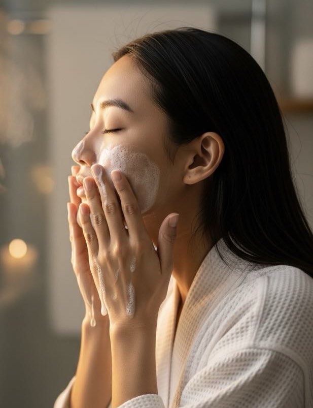 Femme appliquant une mousse nettoyante sur son visage dans une salle de bain douce. routine coréenne peau sensible
﻿﻿﻿