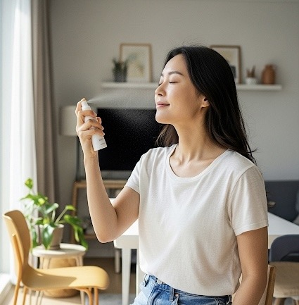 Femme coréenne utilisant un spray visage dans un intérieur lumineux, peau sensible et lumineuse, geste de soin quotidien en été.