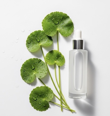 Toner coréen à la centella pour peau sensible – flacon sur fond blanc avec feuilles de centella