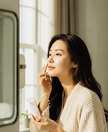 femme appliquant une crème solaire coréenne sur peau sensible devant le miroir, lumière du matin