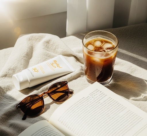 routine beauté coréenne du matin avec crème solaire, livre, café glacé et lumière naturelle