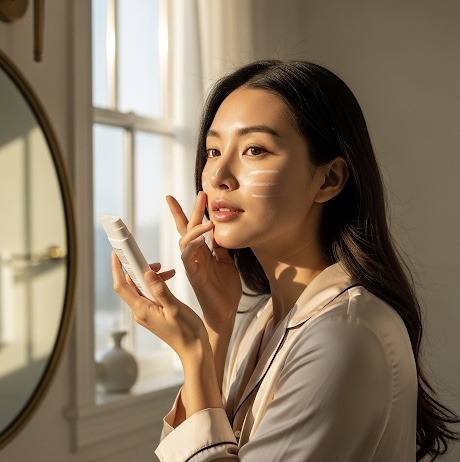 Femme asiatique appliquant une huile nettoyante coréenne devant une fenêtre, dans une lumière douce du matin.