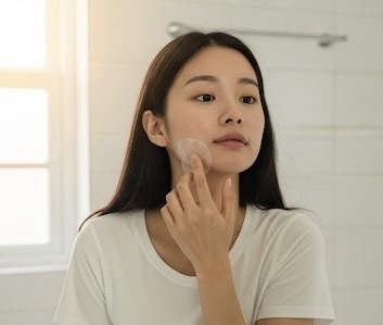 Patch anti-imperfection coréen appliqué par une femme asiatique dans sa routine K-beauty minimaliste pour peau sensible – soin été Olive Young