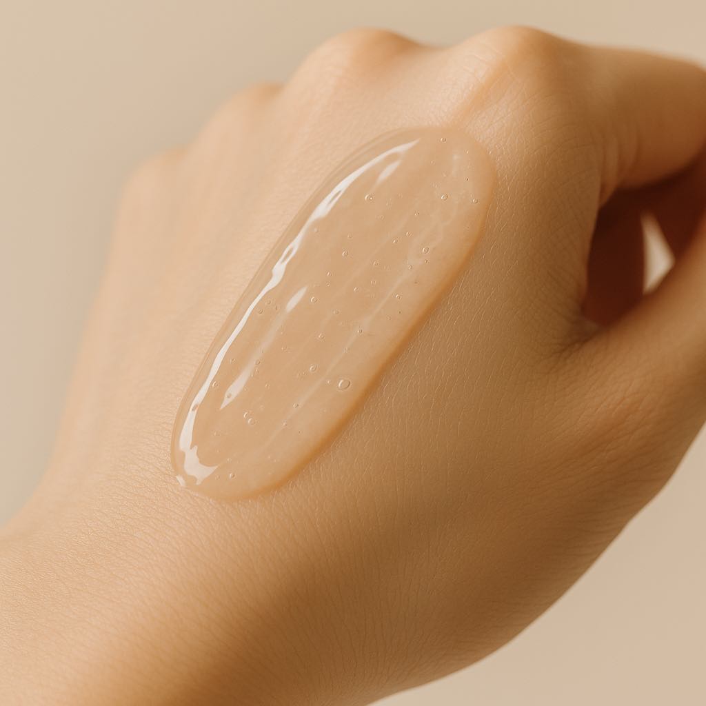 Texture gel transparente appliquée sur la peau – hydratante, apaisante, sans parfum.