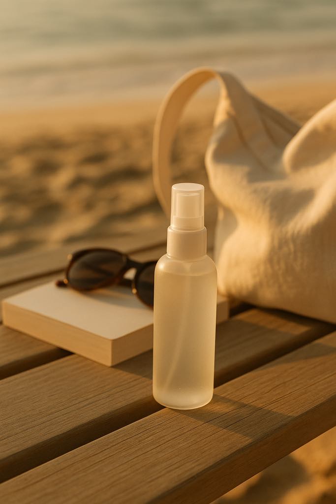 Brume visage coréenne posée sur une table en bois à la plage, avec sac blanc et lunettes de soleil – soin apaisant pour l'été