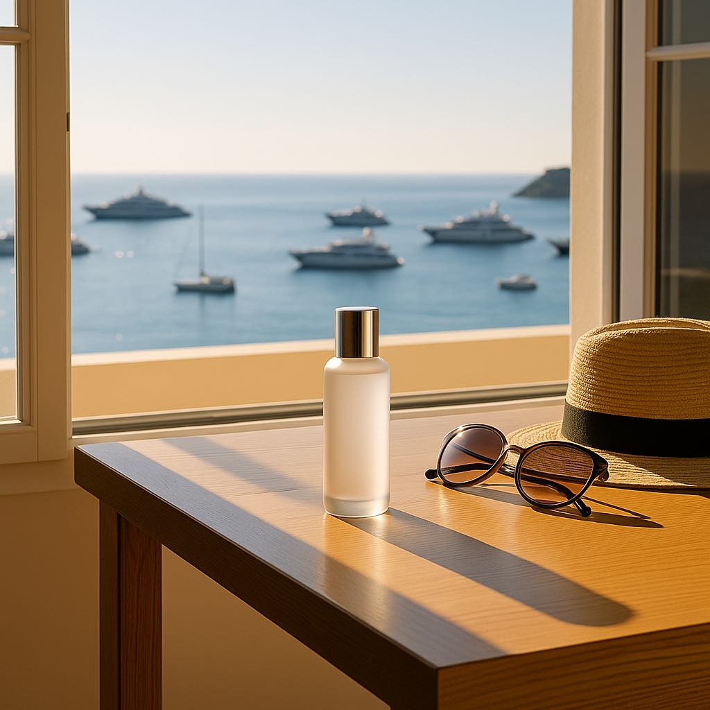 Masque de nuit coréen Sulwhasoo posé sur une table à Cannes, face à la mer – soin haut de gamme pour peau fatiguée
