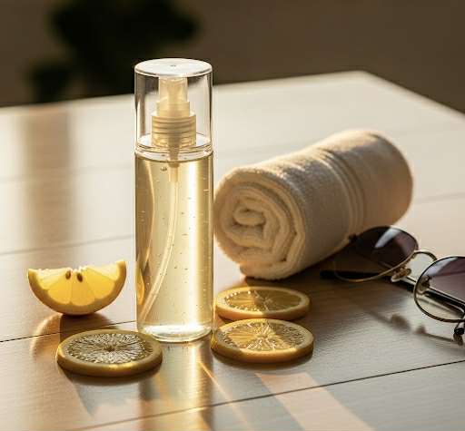 Spray transparent au yuzu avec serviette blanche sur un plateau rond en bois, lumière naturelle du matin.