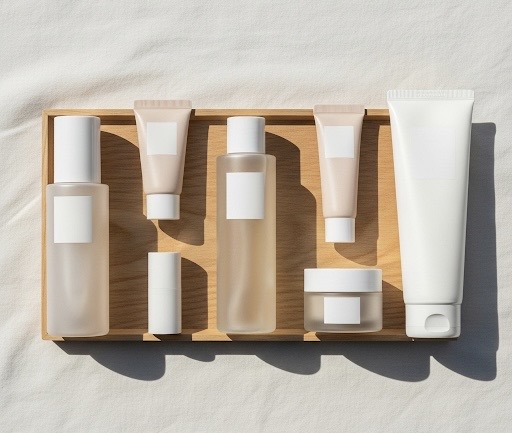 Ensemble de produits coréens minimalistes sur un plateau, représentant une routine K-beauty douce