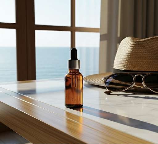 Ampoule coréenne au propolis sur une table en bois face à la mer, lumière naturelle d’été