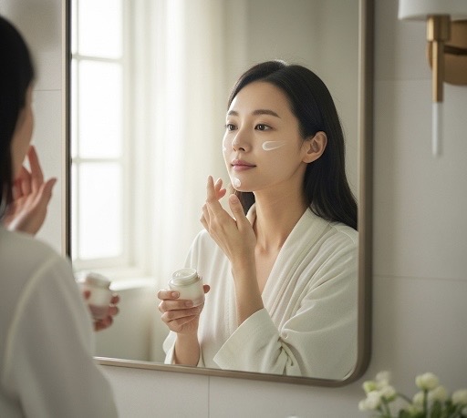 Femme appliquant sa crème barrière apaisante devant un miroir, dans une salle de bain lumineuse