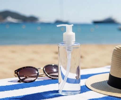 Flacon de gel transparent posé sur une serviette à la plage, à côté de lunettes de soleil et d’un chapeau – ambiance été et soin apaisant post-soleil.