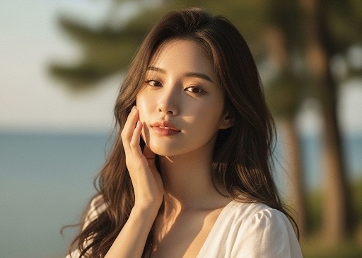 Femme asiatique appliquant une brume visage coréenne apaisante au bord de la mer en été