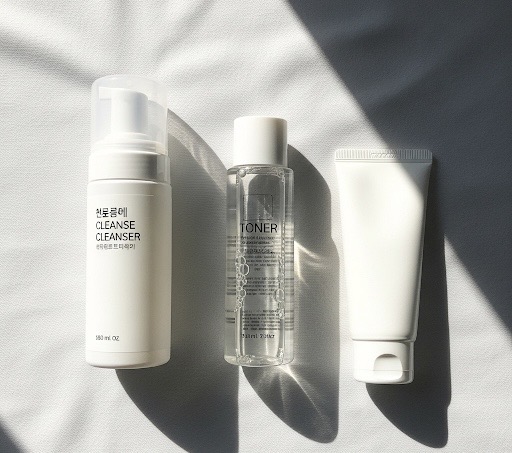 Trois produits de soin coréens pour peau sensible — nettoyant moussant, toner apaisant et crème céramide — photographiés à la lumière naturelle sur un fond blanc.