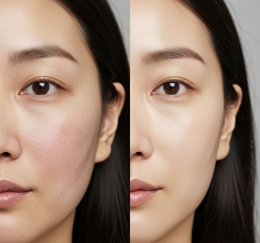 Avant/après routine coréenne peau sensible – amélioration visible de l’eczéma sur les joues après 10 jours de soins doux.