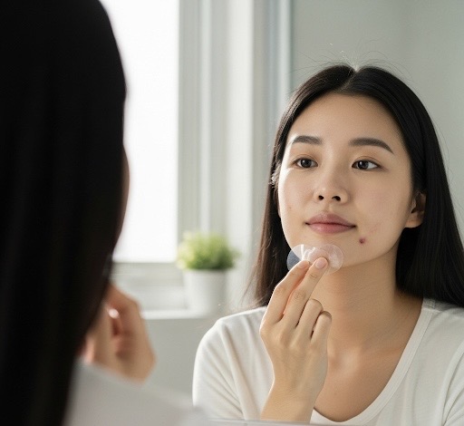Femme appliquant patch anti-imperfection avant rĂšgles â routine K-beauty hormonale