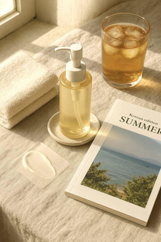 Huile nettoyante coréenne posée sur une table avec serviette, boisson glacée et magazine d’été, évoquant une routine de soin rafraîchissante.