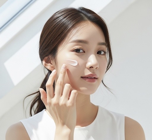 Femme coréenne appliquant une crème hydratante sur sa joue.