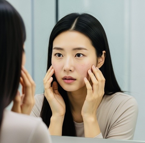 Femme coréenne touchant ses joues rouges devant le miroir — début d’une crise d’eczéma après le ski, routine coréenne peau sensible en préparation.