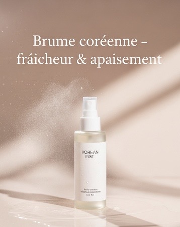Brume visage coréenne en spray sur fond beige, effet apaisant et hydratant pour peau sensible en été
