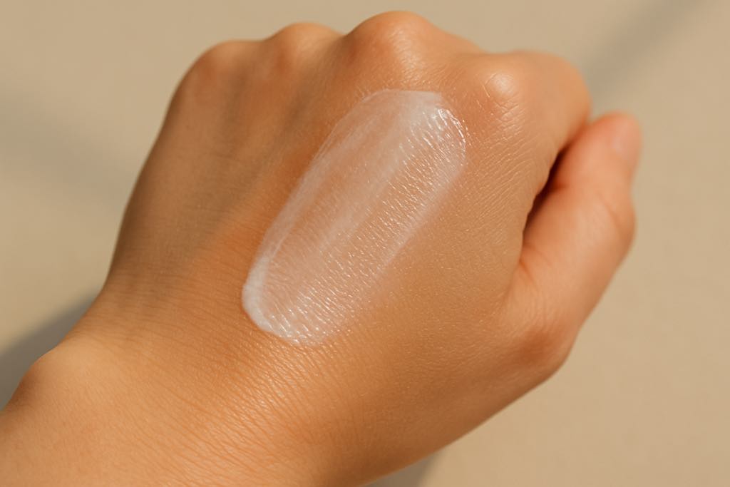 Texture d’une crème solaire coréenne appliquée sur le dos de la main, montrant sa finition légère et invisible.