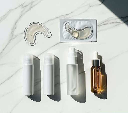 Trousse beauté de voyage avec patchs yeux, spray, flacons et sérum au propolis sur fond marbré