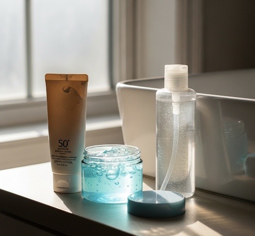 Produits de la routine coréenne du matin pour peau sensible : écran solaire, gel apaisant et tonique hydratant