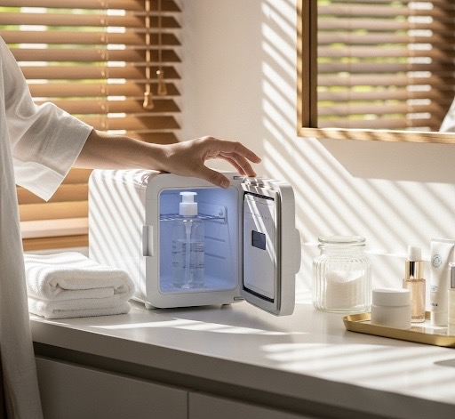 Gel apaisant après la piscine rangé dans un mini frigo cosmétique, parfait pour apaiser la peau après le soleil
