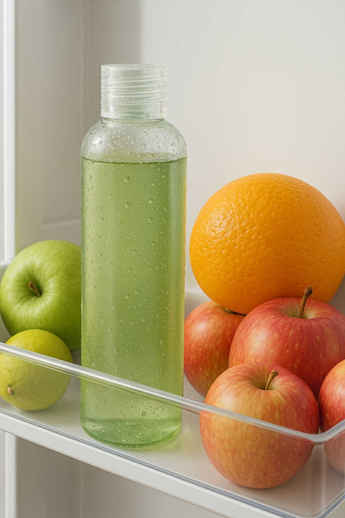 Bouteille de toner coréen au thé vert avec condensation, placée au réfrigérateur à côté de pommes, orange et citron vert, astuce fraîcheur K-beauty pour peau sensible
