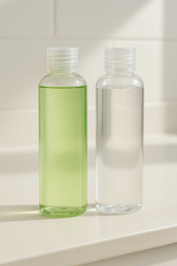 Deux bouteilles de toner côte à côte : à gauche un toner coréen au thé vert de couleur vert clair, à droite un toner occidental transparent, comparaison des textures et formulations
