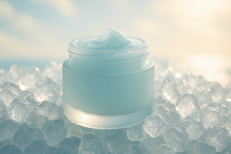 Crème-gel coréenne au panthénol pour peau sensible en été, texture fraîche et hydratante dans un pot givré bleu clair, posé sur un fond estival lumineux.
