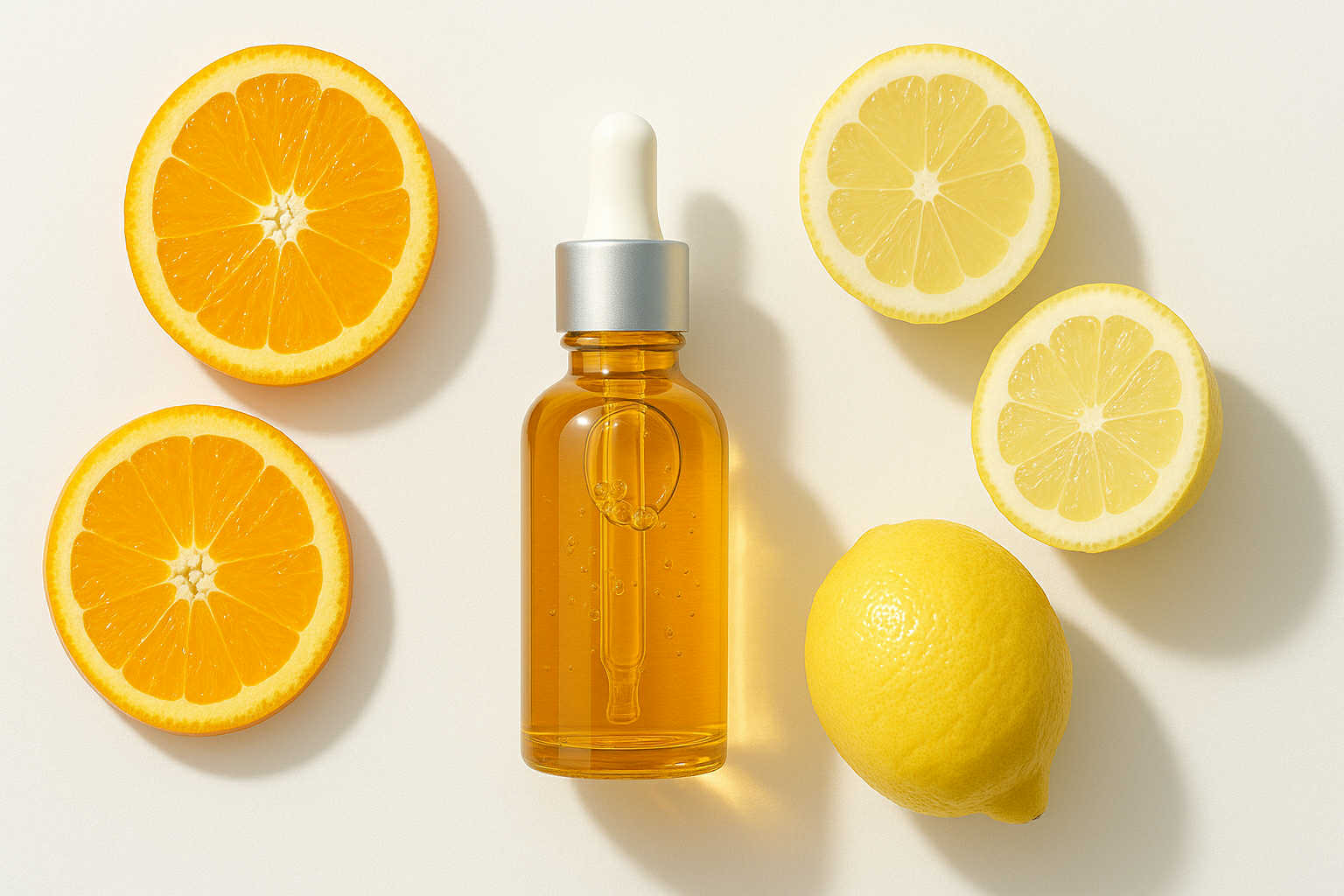 Bouteille de sérum à la vitamine C avec des oranges et des citrons tranchés sur fond blanc.