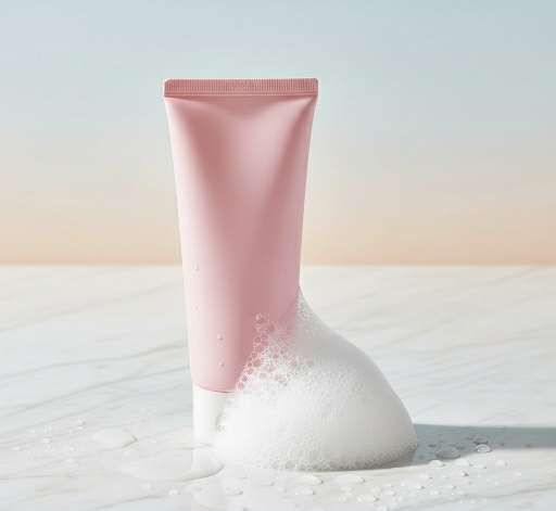 nettoyant doux en mousse coréen peau sensible été en tube rose avec mousse légère sur surface en marbre

