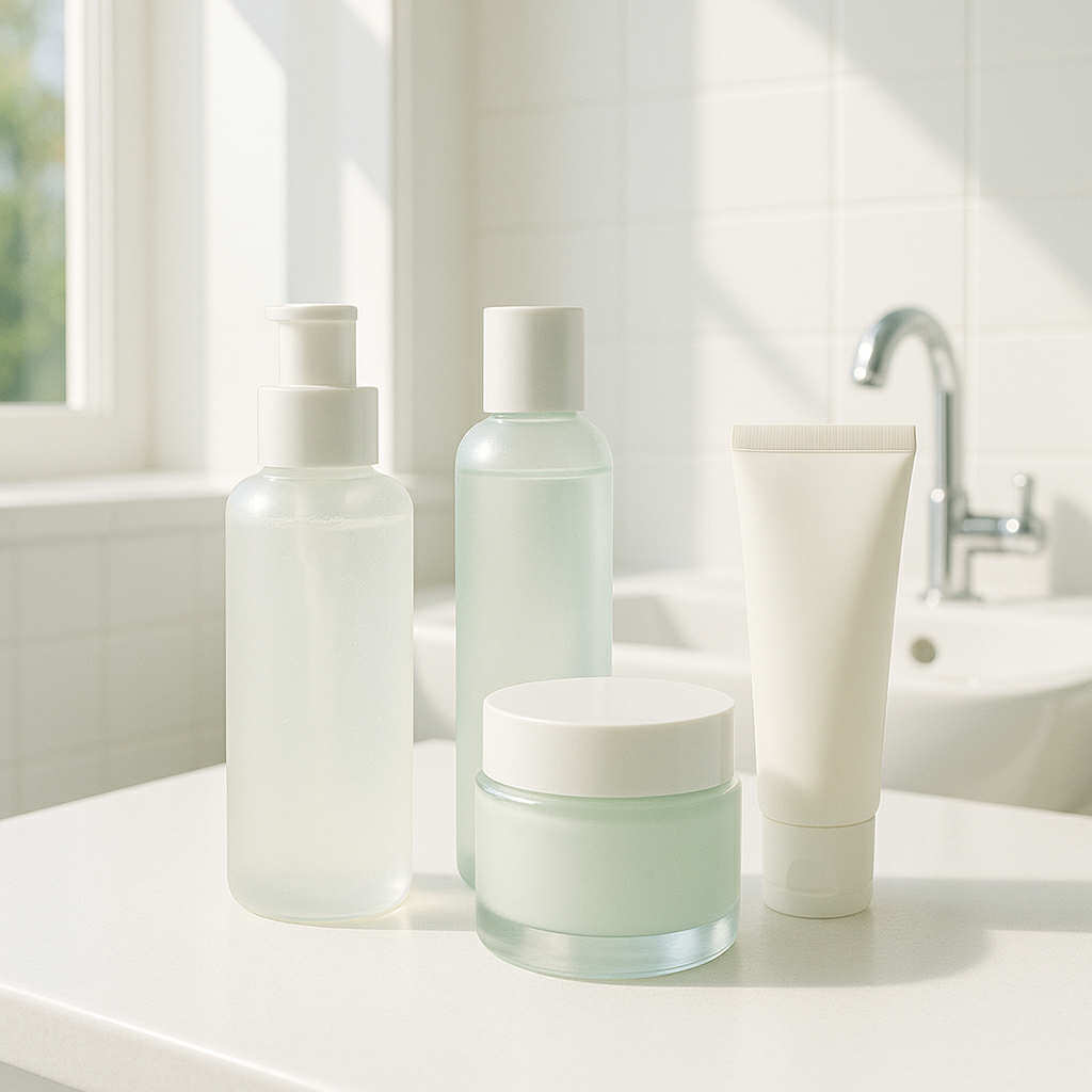 Produits de skincare coréenne hydratants pour l’été, packaging minimaliste et frais