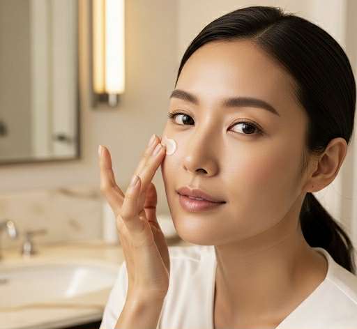 Femme appliquant une crème hydratante douce dans sa routine K-beauty pour renforcer la barrière cutanée en été