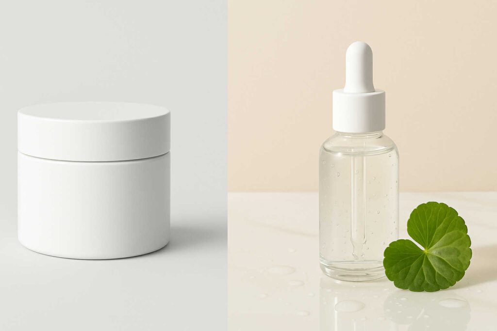 Comparaison visuelle entre une crème française au rétinol et un sérum coréen au rétinol avec centella, soulignant la différence entre rétinol français et rétinol coréen dans une routine anti-âge coréenne.