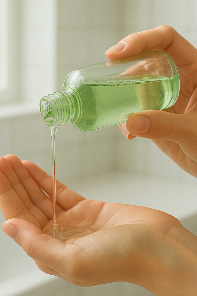 Main ouverte recevant un flux de toner coréen au thé vert, liquide vert clair, geste d’application K-beauty pour peau sensible, lumière naturelle dans une salle de bain
