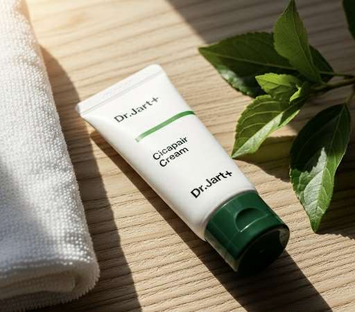 Tube de la crème Dr. Jart+ Cicapair posé sur une surface en bois, illustrant un soin apaisant pour les rougeurs et les peaux sensibles en été.